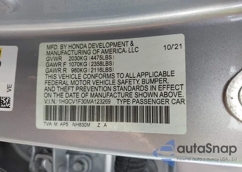 2021 Honda Accord Sport из США, поврежденный, VIN 1HGCV1F30MA123269